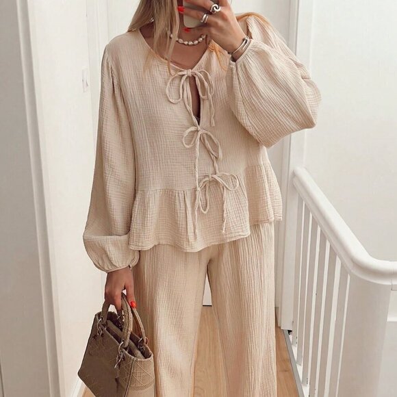 Apricot Casual Women's Lantern Sleeve Tie Waist Top & High Waist Pants Set - Picture 2 of 8